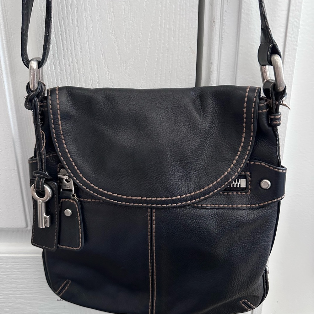 Fossil Black Leather Crossbody Handbag Purse